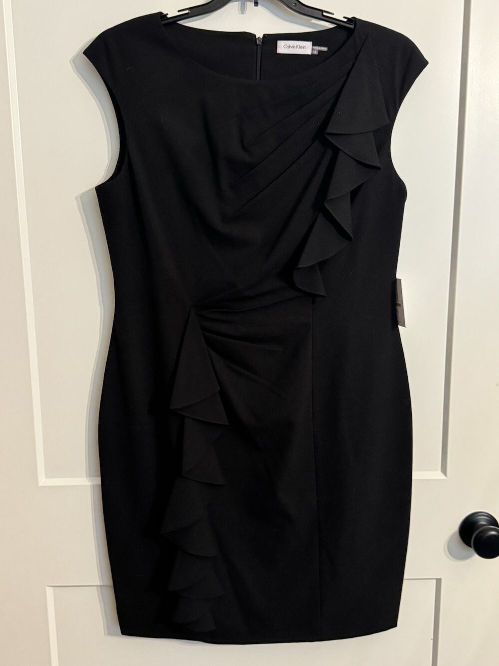 Calvin Klein Dress Sz 14 Black Ruffle Detail Lined LBD Little Black Dress CBK